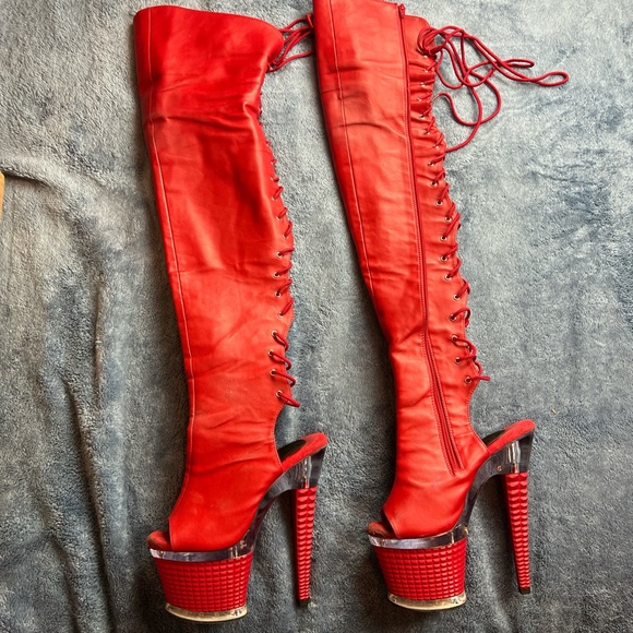 Pleaser Shoes - PLEASER Thigh High Red Studded Stripper Heel Boots 8”